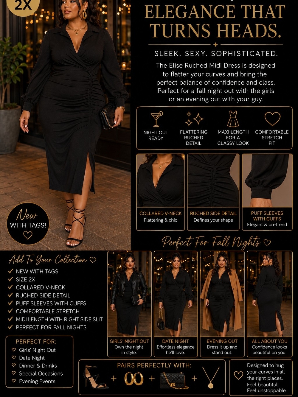 Black Ruched Midi Dress with Collared V-Neck